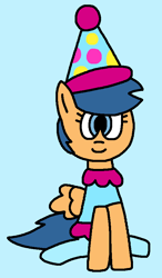 Size: 521x892 | Tagged: safe, artist:gillianthecreator36, imported from twibooru, first base, pegasus, pony, adorabase, blue background, closed mouth, clothes, clown, clown hat, cute, cyan background, female, filly, hat, image, png, simple background, sitting, smiling, solo, tights