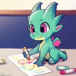 Size: 700x700 | Tagged: safe, artist:xiaowu07, imported from derpibooru, hitch trailblazer, sunny starscout, alicorn, dragon, baby, baby dragon, crayon, cute, drawing, freckles, g5, male, race swap, sitting, smiling, solo, sparky sparkeroni, sparkybetes, sunnycorn