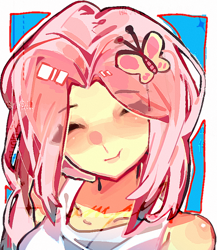 Size: 668x769 | Tagged: safe, artist:meadolly, imported from derpibooru, fluttershy, human, blushing, bust, eye clipping through hair, eyebrows, eyebrows visible through hair, eyes closed, humanized, portrait, smiling, solo
