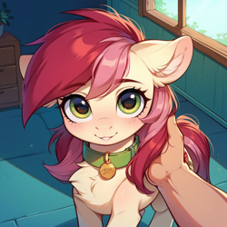 Size: 1024x1024 | Tagged: safe, imported from derpibooru, roseluck, human, pony, ai content, ai generated, behaving like a cat, collar, cute, fluffy, generator:pony diffusion v6 xl, generator:stable diffusion, hand, looking at you, pet tag, petting, pony pet, prompter:doom9454, rosepet