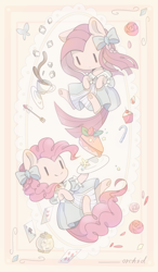Size: 1496x2558 | Tagged: safe, artist:orchidlanlan738, imported from derpibooru, pinkie pie, earth pony, pony, cake, candy, candy cane, card, clothes, dress, female, food, mare, muffin, pinkamena diane pie, plate, smiling, sugarcube, tea