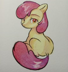 Size: 2000x2125 | Tagged: safe, artist:qiuhu17819, imported from derpibooru, apple bloom, earth pony, pony, dock, female, filly, foal, looking at you, looking back, looking back at you, missing accessory, simple background, sitting, solo, tail, traditional art, white background