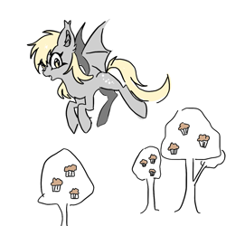 Size: 1179x1179 | Tagged: safe, artist:k050548493, imported from derpibooru, derpy hooves, bat pony, pony, bat ponified, derpybat, female, flying, mare, muffin tree, race swap, simple background, solo, white background