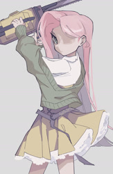 Size: 1292x1976 | Tagged: safe, artist:suiminnyaku41350, imported from derpibooru, fluttershy, human, chainsaw, gray background, humanized, simple background, solo, stay out of my shed