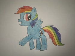 Size: 4032x3024 | Tagged: safe, artist:madisondraws32, imported from derpibooru, rainbow dash, pegasus, pony, colored pencil drawing, cute, dashabetes, female, hooves, mare, official, open mouth, open smile, raised hoof, raised leg, rearing, simple background, smiling, solo, traditional art, white background