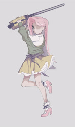 Size: 2217x3734 | Tagged: safe, artist:suiminnyaku41350, imported from derpibooru, fluttershy, human, chainsaw, gray background, humanized, simple background, solo, stay out of my shed