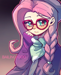 Size: 1075x1316 | Tagged: safe, artist:devilbailing, imported from derpibooru, fluttershy, human, alternate hairstyle, blushing, clothes, coat, glasses, gradient background, hat, hipstershy, humanized, looking at you, solo, text