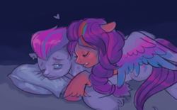 Size: 944x587 | Tagged: safe, artist:kreeeeeez, imported from derpibooru, sunny starscout, zipp storm, earth pony, pegasus, pony, cuddling, drool, duo, duo female, female, g5, heart, hickey, hug, lesbian, mane stripe sunny, mare, piercing, pillow, shipping, sleeping, sleeping together, sunnystorm, winghug, wings