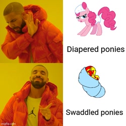 Size: 500x500 | Tagged: safe, artist:professorventurer, imported from derpibooru, pinkie pie, sunset shimmer, baby cakes, diaper, female, hotline bling, mare, meme, non-baby in diaper, sleeping, swaddling