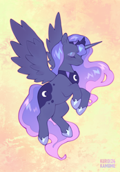 Size: 2400x3444 | Tagged: safe, artist:kuroikamome, imported from derpibooru, princess luna, alicorn, pony, crown, dark fur, ear fluff, eyes closed, eyeshadow, female, flying, gradient mane, hoof shoes, jewelry, makeup, mare, multicolored mane, multicolored tail, peytral, princess shoes, profile, purple hair, regalia, simple background, solo, spread wings, tail, tiara, wings