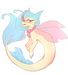 Size: 880x969 | Tagged: safe, artist:riressa, imported from derpibooru, princess skystar, seapony (g4), my little pony: the movie, blue eyes, blue mane, blue tail, dorsal fin, eyelashes, female, fin, fin wings, fins, fish tail, floppy ears, flower, flower in hair, flowing mane, flowing tail, freckles, jewelry, necklace, open mouth, open smile, pearl necklace, scales, simple background, smiling, solo, swimming, tail, teeth, transparent background, wings