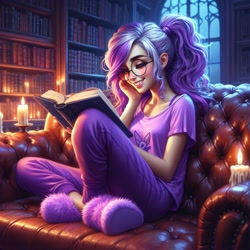 Size: 1024x1024 | Tagged: safe, imported from derpibooru, twilight sparkle, human, equestria girls, ai content, ai generated, book, bookshelf, candle, candlelight, couch, generator:bing image creator, generator:dall-e 3, glasses, humanized, library, night, ponytail, prompter:yet-one-more-idiot, reading, solo, spectacles, window