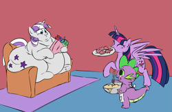 Size: 2757x1793 | Tagged: safe, artist:mellowhen, artist:polofastter, imported from derpibooru, spike, twilight sparkle, twilight velvet, alicorn, dragon, pony, unicorn, apron, batter, belly, big belly, clothes, cookie, couch, double chin, fat, female, flower, food, horn, large butt, mare, mother and child, mother and daughter, mother's day, obese, plate, simple background, trio, twilard velvet, twilight sparkle (alicorn)