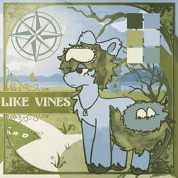 Size: 1417x1417 | Tagged: safe, artist:clandestine, derpibooru exclusive, imported from derpibooru, oc, oc only, oc:like vines, earth pony, pony, album, album cover, bird nest, blue coat, boat, border, color palette, colored pinnae, compass rose, cutie mark, egg, frown, green eyes, green hair, green mane, green tail, jewelry, lidded eyes, lighthouse, name, necklace, nest, path, reference sheet, sailboat, sleep mask, solo, standing, tail, tree, unshorn fetlocks