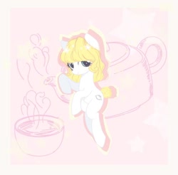 Size: 1096x1080 | Tagged: safe, artist:meinu33481, imported from derpibooru, oc, oc only, earth pony, pony, abstract background, cup, female, mare, smiling, solo, teacup, teapot