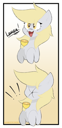 Size: 676x1391 | Tagged: safe, artist:sketchik, imported from derpibooru, derpy hooves, pegasus, pony, cute, derpabetes, exclamation point, female, food, gradient background, lemon, lemon meme, licking, meme, open mouth, open smile, puckered face, smiling, solo, sour, tongue out