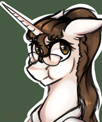 Size: 1000x1200 | Tagged: safe, artist:pixelberrry, imported from derpibooru, oc, oc only, pony, unicorn, bust, female, freckles, glasses, green background, horn, mare, portrait, simple background, solo