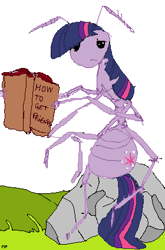 Size: 280x423 | Tagged: artist needed, safe, imported from twibooru, twilight sparkle, ant, insect, book, cutie mark, grass, image, png, reading, rock, simple background, sitting, species swap, tail, white background