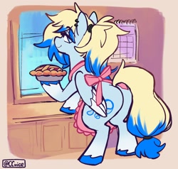 Size: 2100x2000 | Tagged: safe, artist:cuiicie, imported from derpibooru, oc, oc only, oc:azure opus, pegasus, apron, butt, clothes, female, food, pie, piercing, plot, ponytail, solo