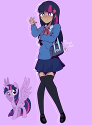 Size: 1182x1609 | Tagged: safe, artist:trash-art06, imported from derpibooru, twilight sparkle, alicorn, human, pony, clothes, female, humanized, miniskirt, purple background, simple background, skirt, socks, solo, thigh highs, thigh socks, twilight sparkle (alicorn)