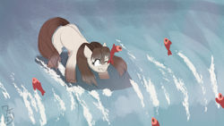 Size: 3840x2160 | Tagged: safe, artist:sevenserenity, imported from derpibooru, oc, oc only, fish, hunting, one eye closed, river, sketch, solo, water, waterfall, wavy mouth, yakutian horse