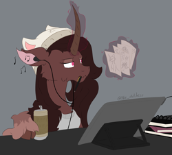 Size: 2586x2336 | Tagged: safe, artist:ollie sketchess, imported from derpibooru, oc, pony, unicorn, them's fightin' herds, alcohol, beer, community related, horn, notebook, oleander (tfh), simple background, solo, tablet
