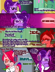 Size: 2000x2643 | Tagged: safe, alternate version, artist:bestponies, imported from derpibooru, fluttershy, oc, oc:red drop, oc:violet drop, goo, goo pony, monster pony, original species, pegasus, pony, comic:nurses take over, clothes, comic, comic panel, cutie mark theft, dialogue, eyes closed, female, high res, hospital, magic, mare, open mouth, overheal, speech bubble, telekinesis