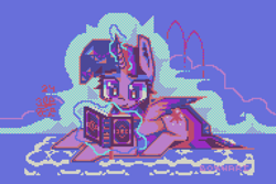 Size: 1920x1280 | Tagged: safe, artist:boxwari, imported from derpibooru, twilight sparkle, alicorn, pony, blue background, book, digital art, female, glowing, glowing horn, horn, levitation, lying down, magic, mare, pixel art, prone, reading, simple background, solo, telekinesis, twilight sparkle (alicorn)