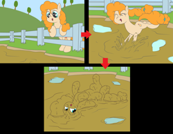 Size: 3279x2543 | Tagged: safe, artist:amateur-draw, imported from derpibooru, pear butter, earth pony, pony, 3 panel comic, comic, covered in mud, female, fence, jumping, lying down, mare, mud, mud bath, muddy, on back, pig pen, rolling, solo, wet and messy