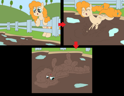 Size: 3279x2543 | Tagged: safe, alternate version, artist:amateur-draw, imported from derpibooru, pear butter, earth pony, pony, 3 panel comic, comic, covered in mud, female, fence, lying down, mare, mother, mud, mud bath, muddy, on back, pig pen, rolling, simple background, solo, spread legs, spreading, wet and messy