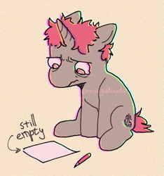 Size: 741x790 | Tagged: safe, artist:emptygoldstudio, imported from derpibooru, oc, oc only, pony, unicorn, arrow, artist's block, frown, horn, paper, pencil, ponysona, sitting, solo, teary eyes, text, wavy mouth