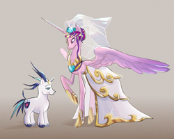 Size: 2500x2000 | Tagged: safe, artist:kaf1l, imported from derpibooru, princess cadance, shining armor, alicorn, pony, unicorn, clothes, concave belly, dress, duo, female, gradient background, height difference, horn, horn ring, jewelry, large wings, male, mare, meme, partially open wings, physique difference, raised hoof, ring, shiningcadance, shipping, size difference, slender, smiling, stallion, straight, tall, the bride and the ugly ass groom, thin, toy interpretation, wedding dress, wedding ring, wings