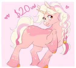 Size: 1700x1500 | Tagged: safe, artist:abbytabbys, imported from derpibooru, oc, oc only, unnamed oc, pony, unicorn, adoptable, ambiguous gender, blaze (coat marking), body freckles, border, braid, braided ponytail, brown eyes, coat markings, colored, colored hooves, colored horn, colored pinnae, crystal horn, doodle, eye clipping through hair, eyebrows, eyebrows visible through hair, eyelashes, facial markings, fetlock tuft, floating heart, for sale, freckles, heart, horn, leg freckles, long mane, long tail, looking up, orange hooves, pink background, pink coat, ponytail, raised hoof, simple background, smiling, socks (coat markings), solo, standing, tail, tall ears, text, tied mane, two toned mane, two toned tail, unicorn horn, unicorn oc, unshorn fetlocks