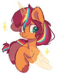 Size: 631x744 | Tagged: safe, artist:skylinepony_, imported from derpibooru, sunny starscout, alicorn, earth pony, pony, alicornified, cute, female, g5, horn, long hair, race swap, simple background, smiling, solo, sparkles, white background, wings