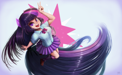 Size: 3236x2000 | Tagged: safe, artist:the-park, imported from derpibooru, twilight sparkle, human, equestria girls, cutie mark background, female, high res, human coloration, long hair, open mouth, open smile, peace sign, pony ears, smiling, solo