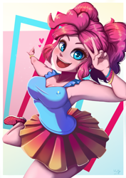 Size: 706x1000 | Tagged: safe, artist:the-park, imported from derpibooru, pinkie pie, human, equestria girls, abstract background, alternate hairstyle, breasts, cleavage, female, gradient background, open mouth, open smile, peace sign, pigtails, smiling, solo
