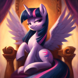 Size: 2048x2048 | Tagged: safe, imported from derpibooru, twilight sparkle, alicorn, pony, ai content, ai generated, curtains, female, generator:bing image creator, generator:dall-e 3, mare, prompter:krivovyaz, raised hoof, sitting, smiling, smug, solo, spread wings, throne, twilight sparkle (alicorn), wings, wrong cutie mark