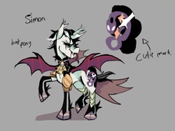 Size: 1508x1133 | Tagged: safe, artist:justvoidsdumbstuff1, imported from derpibooru, oc, oc only, oc:simon (justvoidsdumbstuff1), alicorn, bat pony, bat pony alicorn, pony, alicorn oc, bat pony alicorn oc, bat pony oc, bat wings, black mane, black sclera, black tail, blood, bloody mouth, cape, clothes, colored, colored wings, curved horn, ear tufts, eye scar, facial scar, fangs, forked tongue, gloves, gray background, hoof gloves, horn, latex, latex gloves, leg armor, long gloves, long tongue, looking back, male, narrowed eyes, open mouth, pauldron, ponysona, raised hoof, raised leg, ruffled collar, scar, shadow, short mane, short tail, simple background, solo, spread wings, stallion, standing, tail, tall ears, tongue out, two toned mane, white coat, wings