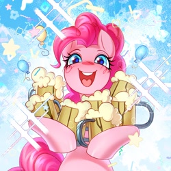 Size: 1850x1850 | Tagged: safe, artist:fenwaru, imported from derpibooru, pinkie pie, earth pony, pony, abstract background, balloon, cider, crystal, cute, female, happy, looking at you, shiny, sky, smiling, smiling at you, solo, standing