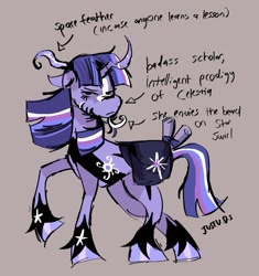 Size: 1151x1222 | Tagged: safe, artist:justvoidsdumbstuff1, imported from derpibooru, twilight sparkle, pony, unicorn, alternate color palette, alternate design, bag, bangs, beard, blaze (coat marking), brown background, chin fluff, coat markings, colored, colored hooves, curved horn, eyelashes, facial hair, facial markings, feather, feather in hair, female, floppy ears, frown, horn, long mane, long tail, mare, multicolored mane, multicolored tail, narrowed eyes, purple coat, purple hooves, purple mane, purple tail, raised hoof, redesign, saddle bag, scroll, shiny hooves, signature, simple background, socks (coat markings), solo, standing, straight mane, straight tail, striped horn, tail, text, unicorn beard, unicorn twilight, unshorn fetlocks