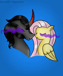 Size: 1000x1200 | Tagged: safe, artist:akuma, artist:akuma-digitalart, artist:terezas474747, imported from derpibooru, fluttershy, king sombra, pegasus, pony, umbrum, unicorn, blue background, bust, colored horn, curved horn, dark magic, duo, duo male and female, female, helmet, horn, magic, male, male and female, paint tool sai, shipping, simple background, sombra eyes, sombra's horn, sombrashy, straight, wings