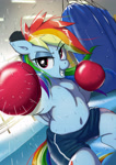 Size: 2480x3508 | Tagged: safe, artist:neoshrek, imported from derpibooru, rainbow dash, pegasus, pony, semi-anthro, belly, belly button, boxing, boxing gloves, female, mare, punching bag, solo, sports, sweat, tomboy