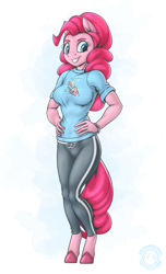 Size: 1864x3070 | Tagged: safe, artist:mysticalpha, imported from derpibooru, pinkie pie, anthro, earth pony, unguligrade anthro, breasts, busty pinkie pie, female, grin, hand on hip, high res, mare, simple background, smiling, solo, white background