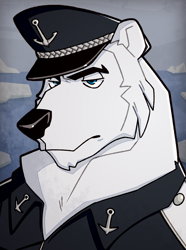 Size: 1040x1400 | Tagged: safe, artist:bunnyshrubby, imported from derpibooru, oc, oc only, oc:kjell of clan falsen, bear, polar bear, equestria at war mod, anchor, bust, cap, clothes, furry, hat, ocean, portrait, solo, water