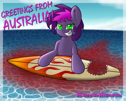 Size: 1280x1024 | Tagged: safe, artist:scramjet747, imported from derpibooru, oc, oc only, oc:mayday mayday, original species, pony, shark, shark pony, blood, female, green eyes, greetings card, grin, mare, ocean, purple mane, shark teeth, smiling, solo, solo female, surfboard, water
