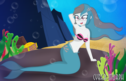 Size: 4344x2801 | Tagged: safe, artist:cyber-murph, imported from derpibooru, oc, oc:silver dawn, mermaid, equestria girls, arm behind head, armpits, belly button, bra, bubble, clothes, coral, crepuscular rays, cute, eyeshadow, fish tail, flowing mane, flowing tail, glasses, hairclip, makeup, mermaidized, midriff, ocean, rock, seashell, seashell bra, seaweed, signature, sitting, species swap, sunlight, swimming, tail, treasure chest, underwater, underwear, water