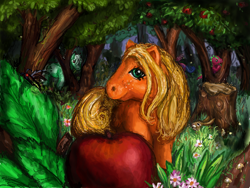 Size: 512x384 | Tagged: safe, artist:terra, imported from derpibooru, applejack, applejack (g1), firefly, spike (g1), dragon, dragonfly, earth pony, insect, pegasus, pony, rabbit, animal, apple, apple tree, food, forest, g1, nature, tree