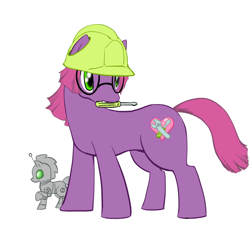 Size: 800x800 | Tagged: safe, artist:queblock, imported from derpibooru, oc, oc only, oc:heart fixer, earth pony, pony, robot, robot pony, clothes, engineer, female, hard hat, hat, mare, mouth hold, screwdriver, simple background, solo, white background