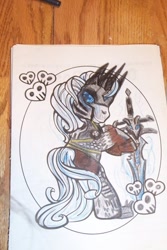 Size: 403x604 | Tagged: safe, artist:randomproxy, imported from derpibooru, pony, coloring book corruptions, g3, lich king, looking back, ponified, solo, sword, traditional art, warcraft, weapon