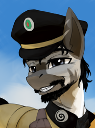Size: 1560x2100 | Tagged: safe, artist:sesek, imported from derpibooru, oc, oc only, oc:solano lobu, hybrid, zony, equestria at war mod, beard, bust, cap, clothes, facial hair, hat, portrait, solo